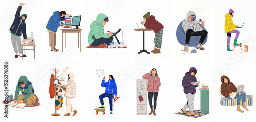 Remote learning and cozy living: students in puffer jackets engaging with technology and books in a comfortable home setting.