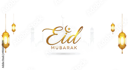 Eid mubarak greeting card with golden lanterns and mosque silhouette on white background for festive islamic holiday