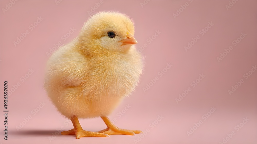 Obraz premium Cute fluffy yellow chick standing on pink background, Easter concept, newborn baby chicken, minimal studio portrait.