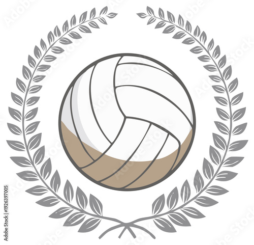 Stylized volleyball icon surrounded by a classic laurel wreath symbolizing sports achievement and triumph