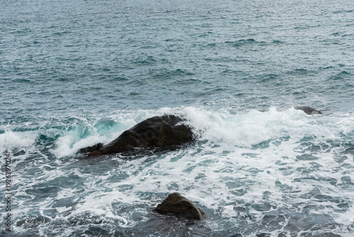Wallpaper Mural Turquoise sea stone beach, breaking waves on a cloudy spring day. Beautiful sea background. The concept of summer, vacation, travel. The purest clear sea water, large stones on the beach close-up Torontodigital.ca