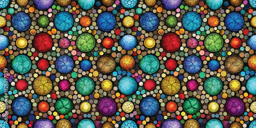 A vibrant geometric pattern featuring interlocking multicolored spherical shapes. Vector