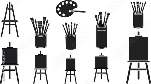 Art Studio Supplies Icon Set Featuring Wooden Easels Canvas Paint Brushes in Jars and Artist Palette for Fine Art Painting Education