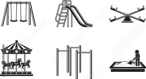 Children Playground Icon Set Featuring Swings Slide Seesaw Carousel Merry Go Round Pull Up Bars and Sandbox for Recreation Park Design