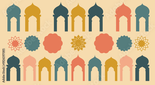 Islamic Arches and Geometric Patterns in Retro Colors.