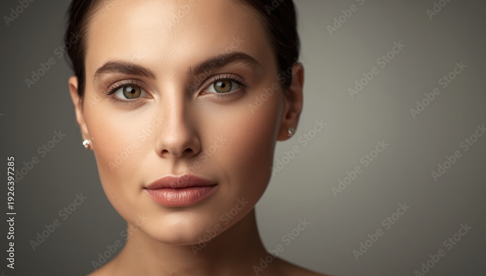 Fototapeta premium Young woman portrait with soft studio lighting and neutral background