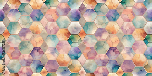A vibrant geometric pattern of interlocking hexagonal tiles with pastel gradients Vector