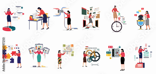 Diverse businesswomen illustrations depicting data analysis, network management, problem-solving, time management, communication, planning, and system optimization in a corporate environment.