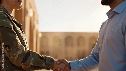 Handshake between military member and civilian during meeting in outdoor setting at sunset