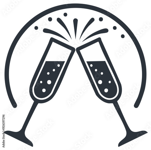 Festive Champagne Glasses Toasting Celebration Icon with Bubbles