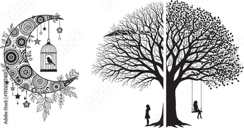 Ornamental crescent moon with birdcage and a split tree of life featuring a girl on a swing in black silhouette