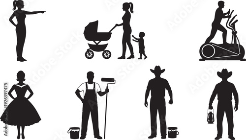 People Silhouette Icon Set Featuring Mother with Stroller Painter with Roller Cowboy Athlete on Elliptical and Elegant Woman for Lifestyle Design