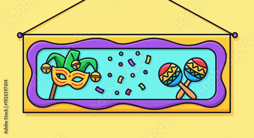 Festive Mardi Gras Banner with Mask, Maracas, and Confetti on Yellow Background