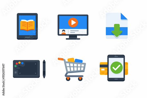 Digital technology icons: shopping cart, tablet, monitor, graphics tablet, credit card, download