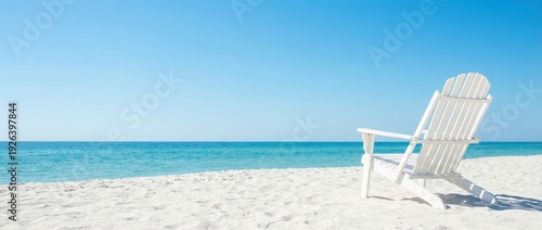 Panel kuchenny z motywem Relaxing beach scene with white chair tropical coast photography clear blue skies seaside serenity tranquil environment