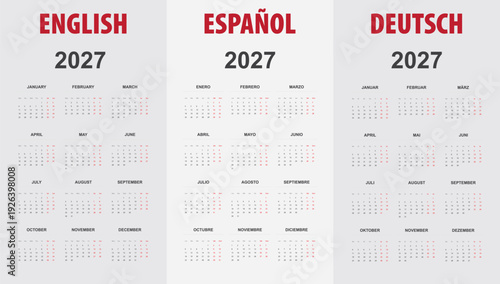 2027 trilingual calendar template with week starting Monday, displaying months and weekdays in English, Spanish, and German.