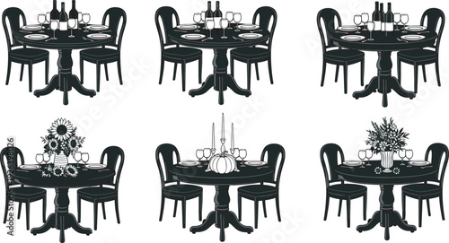 Set of elegant dining table silhouettes featuring round tables with chairs wine bottles glasses floral centerpieces and seasonal pumpkin candle decor