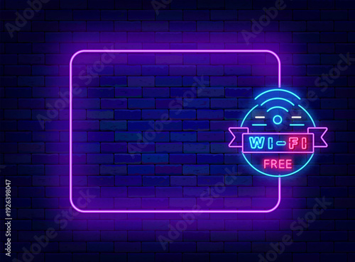 Wifi zone neon announcement. Internet online. Holiday promotion. Empty purple frame and wifil. Event celebration. Copy space. Editable stroke. Vector stock illustration