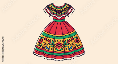 Traditional Mexican folk dress, vibrant red with colorful floral embroidery, festive cultural attire for celebration.