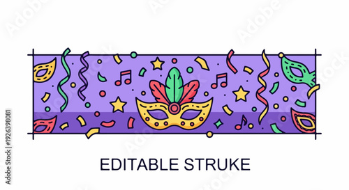 Mardi Gras mask and confetti border with musical notes and stars, festive carnival celebration, vibrant party decoration.