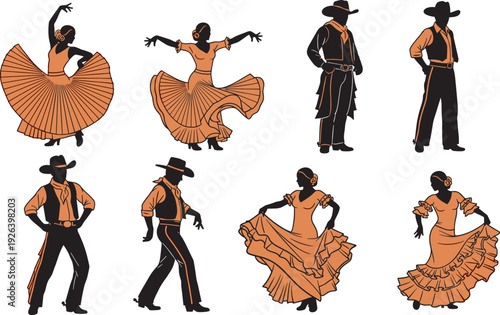 Set of Mexican folklore dancers in traditional dresses and charro silhouettes performing flamenco and mariachi dance moves on white background