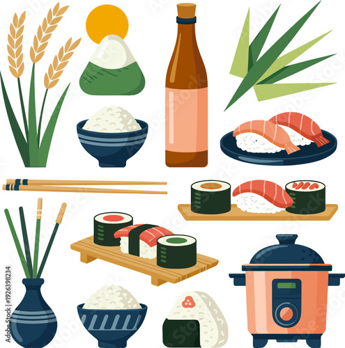 Collection of Japanese food icons including sushi rice and sake isolated on white background