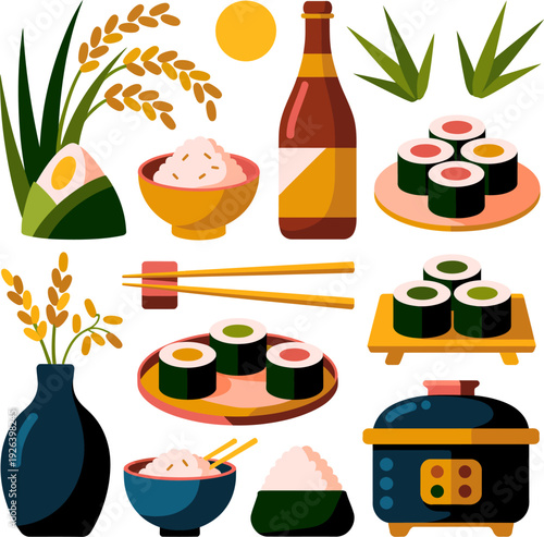 Japanese food and sushi set illustration with rice, sake, and kitchenware isolated on white background