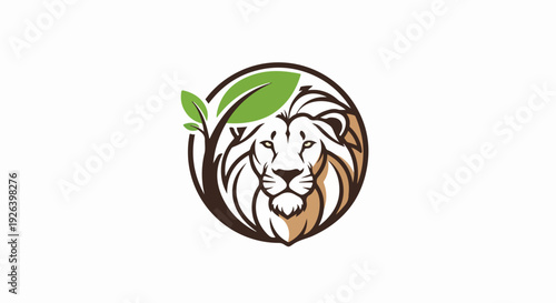 Majestic Lion Head with Green Leaves and Brown Branches, Symbolizing Nature and Strength