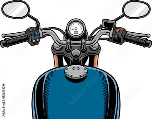 Close up top view of classic motorcycle cockpit and blue fuel tank isolated on white background