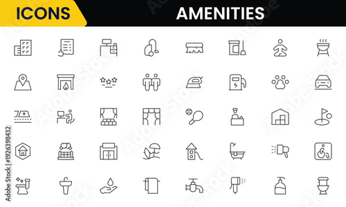 Convenient vector web line icons depicting amenities, facilities, services, pools, gyms, parking, and modern lifestyle conveniences.