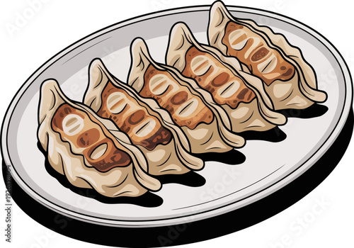 Japanese gyoza pan fried dumplings on a plate isolated on white background