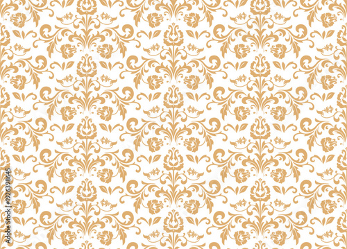 Wallpaper in the style of Baroque. White and golden floral ornament. Seamless vector background. Graphic pattern for fabric, wallpaper, packaging. Ornate Damask flower illustration