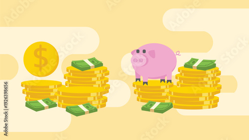 iggy Bank with Stacked Gold Coins and Cash – Savings and Investment Concept