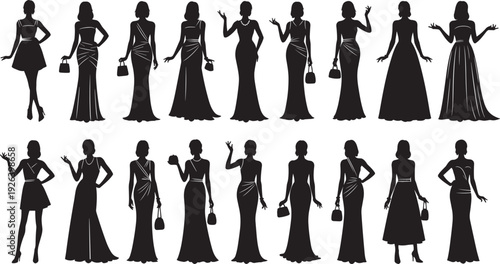 Vector collection of elegant women silhouettes wearing evening gowns, cocktail dresses, and formal prom outfits isolated on white background for fashion design. (22 words)