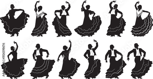 Vector collection of flamenco dancer silhouettes wearing traditional Spanish ruffled dresses and bolero jackets isolated on white background for cultural performance.
