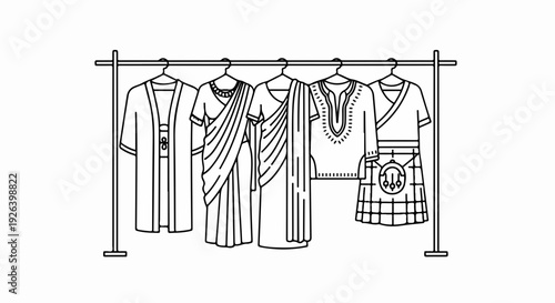 Line art collection of diverse traditional clothing on hangers, representing global fashion and cultural attire