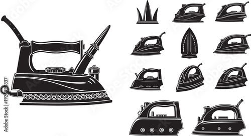 Vector collection of vintage and modern electric steam iron silhouettes isolated on white background for laundry, housekeeping, and home appliance design. (23 words)