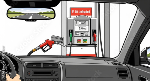 Refueling Car at Gas Pump.