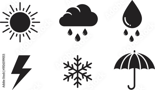 Weather Icon Set Featuring Sun Cloud with Rain Drops Water Fall Lightning Bolt Snowflake and Umbrella Symbols for Climate Forecast Reporting