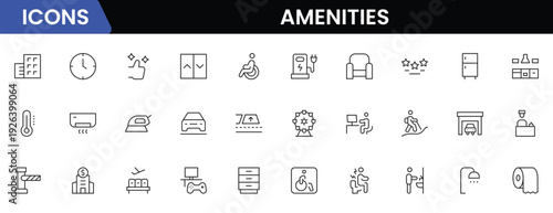 Convenient vector web line icons depicting amenities, facilities, services, pools, gyms, parking, and modern lifestyle conveniences.