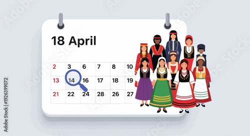 Calendar showing April 18th, circled date, with diverse people in traditional costumes standing beside it.