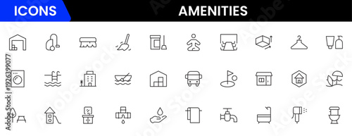 Convenient vector web line icons depicting amenities, facilities, services, pools, gyms, parking, and modern lifestyle conveniences.