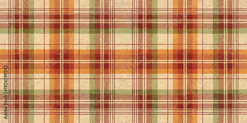 A vibrant plaid fabric pattern with a blend of earthy and warm tones dominating the design Vector
