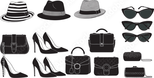 Women Fashion Accessory Icon Set Featuring Elegant High Heel Shoes Stylish Handbags Clutches Fedoras Sun Hats and Cat Eye Sunglasses for Style
