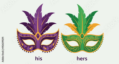 Mardi Gras couple masks, purple and green, for his and hers celebration