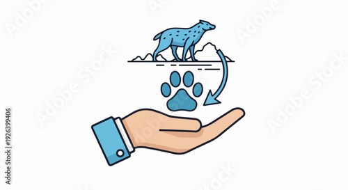 Hand holding dog paw print, symbolizing pet care and adoption