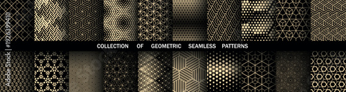 Geometric set of seamless black and golden patterns. Simple vector graphics