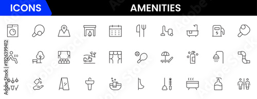 Convenient vector web line icons depicting amenities, facilities, services, pools, gyms, parking, and modern lifestyle conveniences.