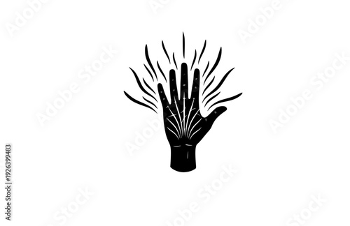 Energy Healing Hand with Vibrational Aura Lines Silhouette. Mindful Zen Spirituality and Manifestation Concept Sticker Vector.
