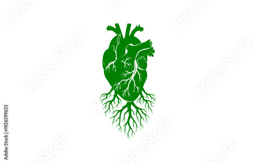 Anatomical Heart with Mycelium Root System Silhouette. Nature Connection and Biological Growth Concept Sticker Design Vector.